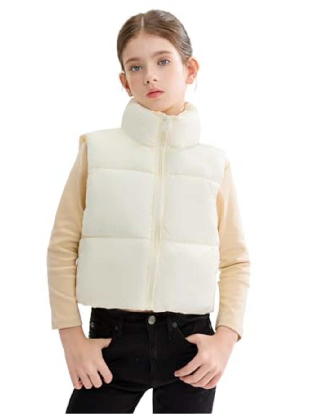 Girls Puffer Vest Faux-Down Cropped Sleeveless Water-Resistant Hooded